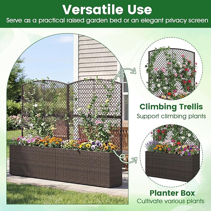 Happygrill Raised Garden Bed with Trellis, 58" Wicker Planter Box with Privacy Screen, Liner, Drainage for Patio Balcony, Outdoor PE Rattan Elevated Garden Bed for Climbing Plant Vine Flower (Brown,1)