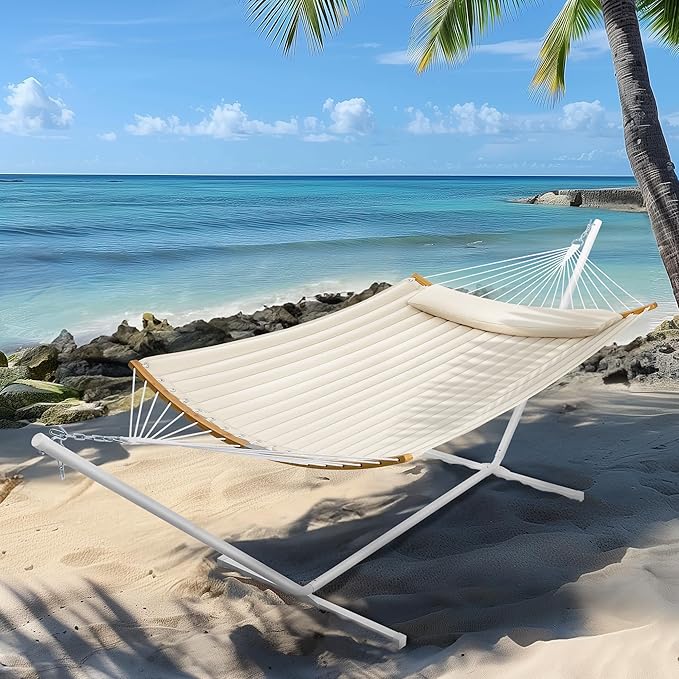 SUPERJARE Hammock with Stand, 2 Person Heavy Duty Hammock with Padded Cotton, Detachable Pillow & Strong Curved-Bar & Portable Carrying Bag, Perfect for Outdoor & Indoor, Beige