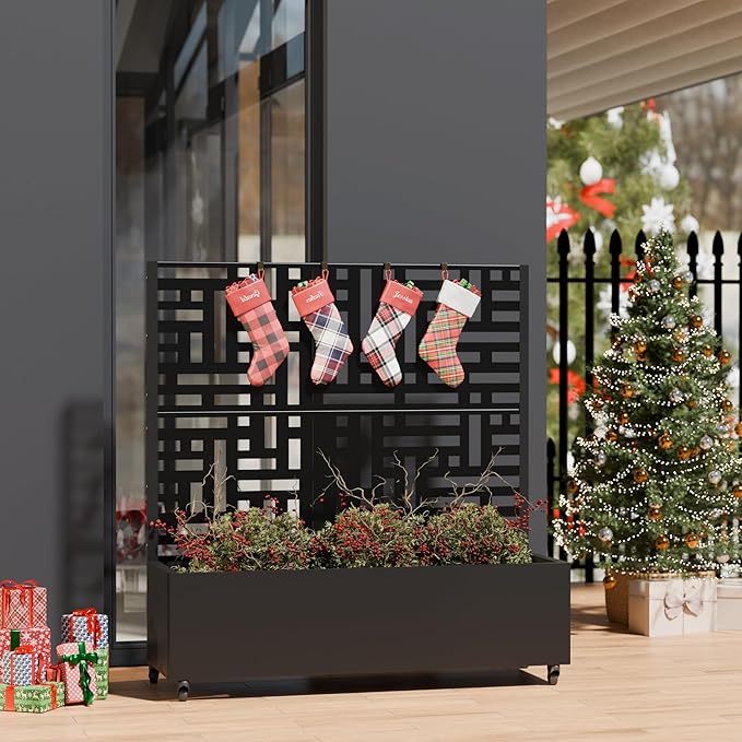 Casaphoria Metal Raised Garden Bed with Trellis and Wheels, 47"x47"x16" Planter Box for Climbing Plants, Vegetables & Vines, Features Drainage Holes and Privacy Screen (Black-Helen)