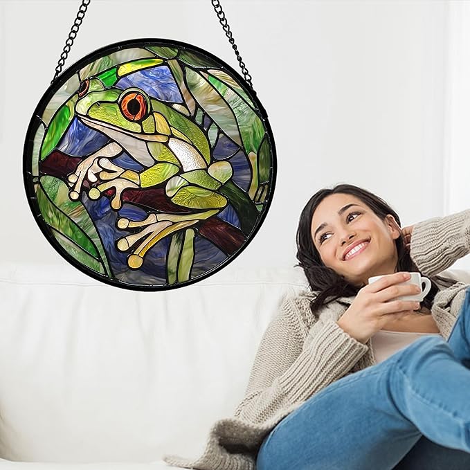 Stained Glass Window Hanging, Teal Frog Sun Catcher for Door Home Decor Green Suncatcher Christmas Mother's Day Birthday Gifts for Women Men Mom and Nana 9.8 in