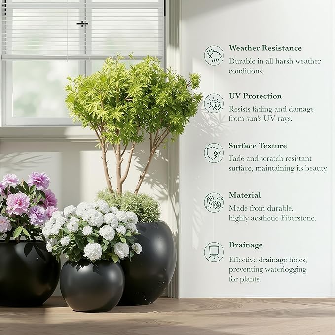DTY Signature Mount Sherman 12.6''D x 9.8''H Modern Indoor Outdoor Fiberstone Sphere Planter, Durable Round Garden Pot, Weather Resistant, Drainage Hole & Rubber Plug - Small, Black
