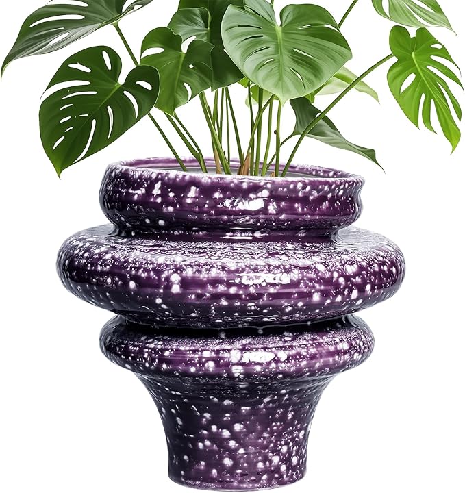 Teagas Ceramic Plant Pots - 11 Inch Ceramic Planters for Indoor Outdoor Plants, Large Unique Flower Pots with Drainage Hole, Decorative Planters, Home Decor, Plants Lover Gifts, Purple