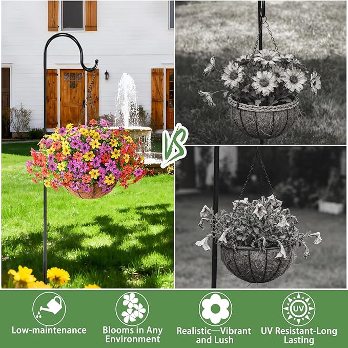 INQCMY Artificial Flowers Hanging Baskets for Outdoors Spring Decor, 12 Bundles Fake Plants Faux Silk Daisy with Eucalyptus Stem UV Resistant for Outside Patio Balcony Garden(4 Mix Colors)