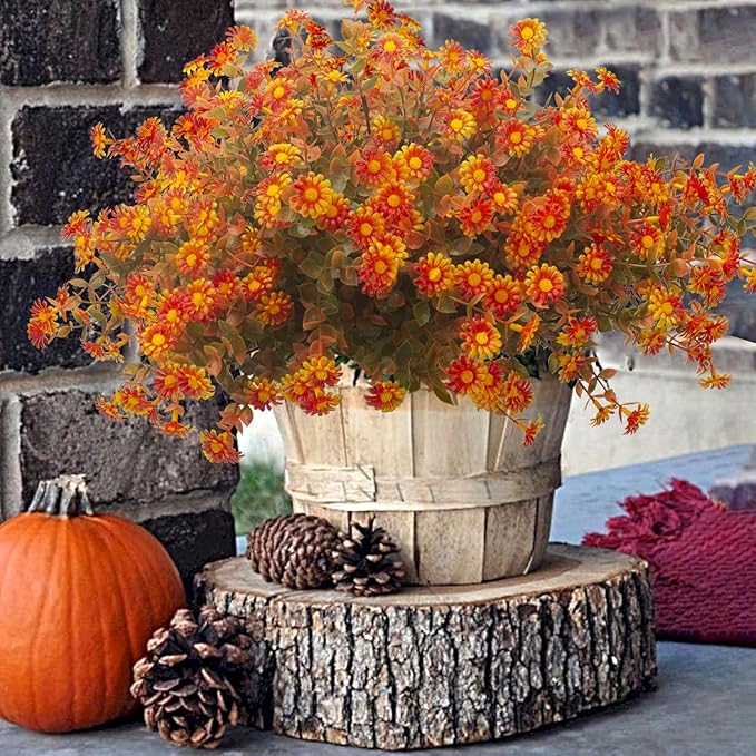 Grunyia 12 Bundles Artificial Fall Flowers for Outdoors Fake Plants - Faux Outside Greenery Boxwood No Fade Plastic Shrubs Decor Farmhouse Home Garden Thanksgiving (Fall Red)