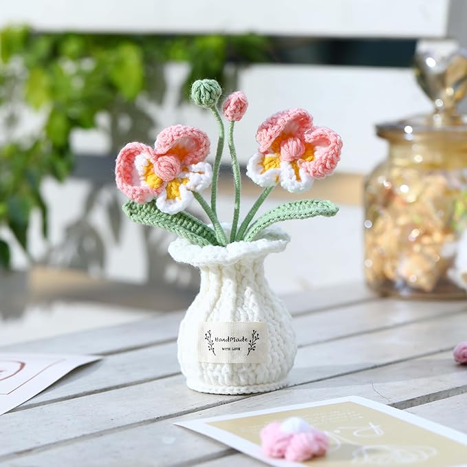 YOOJEE Orchid Crochet Flower Pot Blush Pink Handmade Knitted Phalaenopsis Desk Decor for Home Office