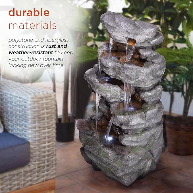 Alpine Corporation TZL284 39" Outdoor 4-Tier Cascading Stone Water Fountain with LED Lights – Natural Stone Look Water Feature for Patio, Garden, and Backyard Décor, Gray