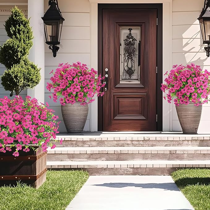 Besteek 20 Bundles Artificial Flowers for Outdoors Decoration Fake Silk Flowers UV Resistant Faux Plants Artificial Daisy Eucalyptus for Spring Summer Garden Yard Porch Window Home Decor, Fuchsia