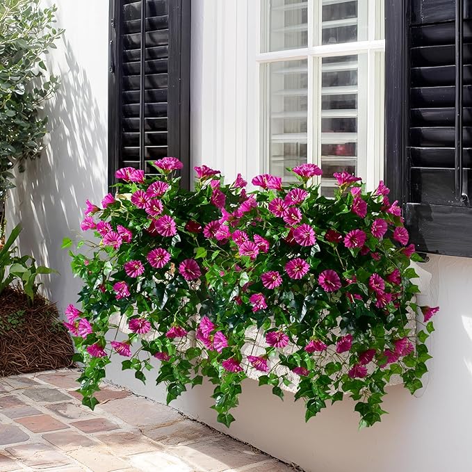Morning Glory Artificial Hanging Flowers for Outdoors 3 Pcs Fake Petunias Flower Faux Silk Long Trailing Vines Realistic Flower for Front Door Porch Patio Balcony Garden Yard Decor (3 Pcs Fuchsia)
