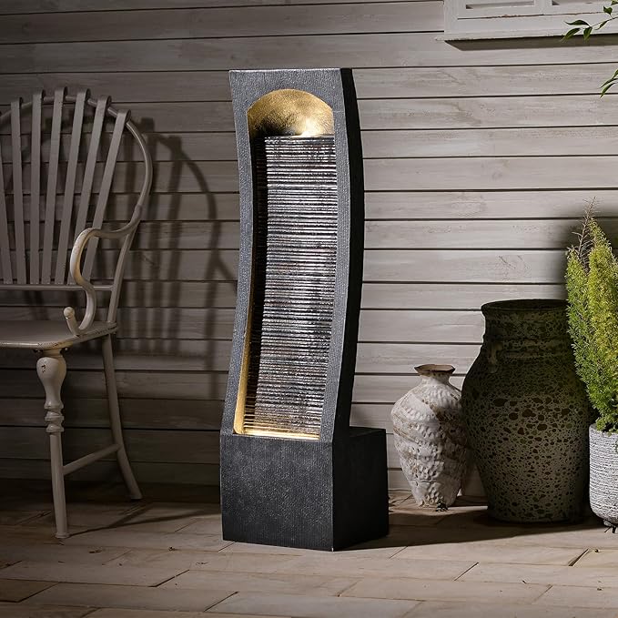 Modern Indoor Water Fountain Curved Faux Slate Waterfall Fountain with LED Lighting, 42.5-Inch Tall Tiered Waterfall Fountains for Garden, Patio, Backyard Decor - Durable and Weather-Resistant Design