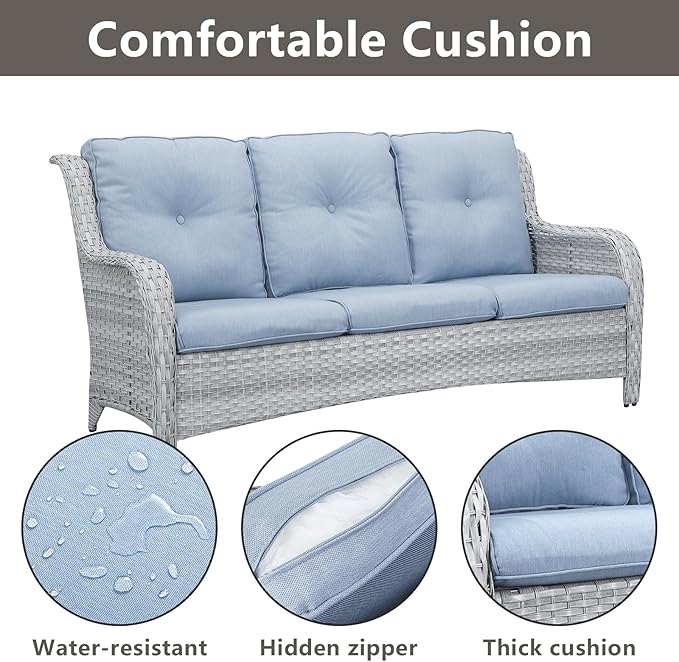 Rilyson Patio Furniture Swivel Chairs Set - 6 PC Wicker Rattan Outdoor Sectional Conversation Sets with 2 Rocking Chair,2 Ottoman,1 Sofa and 1 Loveseat for Porch Deck(Light Grey/Sky Blue)
