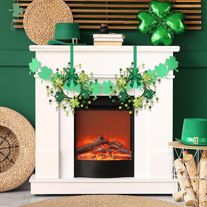 6 PCS Mini St. Patrick's Day Glitter Shamrocks Kitchen Cabinet Wreaths Small St. Patrick's Day Wreath for Front Door with Ribbon Spring Lucky Green Irish Clover Berry Wreath for Porch Wall Window
