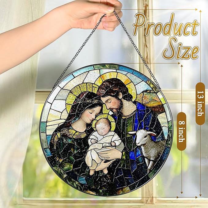 8-Inch Nativity Scene Stained Glass Suncatcher Ornament, Christian Stained Glass Window Hanging, Religious Ornament, Christmas Hanging Decor — Gifts for Christmas, Christian Gift, Religious Gift