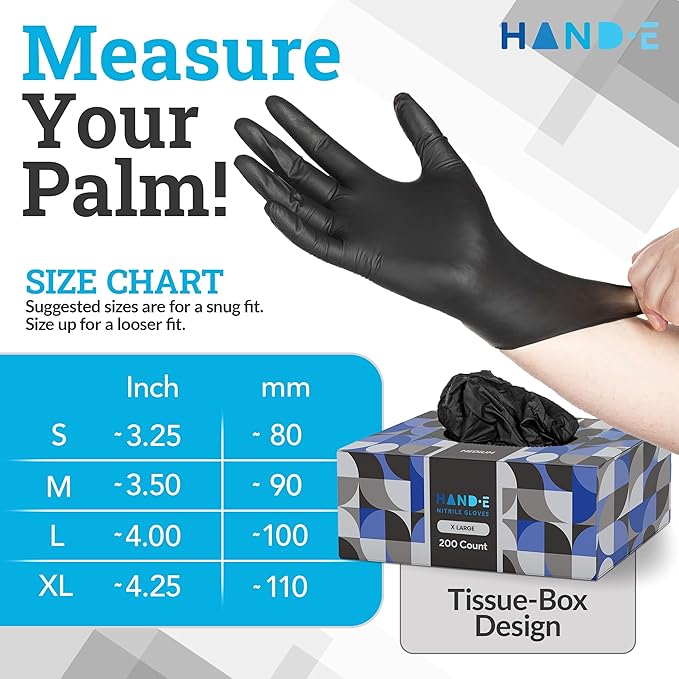 Hand-E Touch Nitrile Black Disposable Gloves X-Large, 50 Count - BBQ, Tattoo, Hair Dye, Cooking, Mechanic Gloves - Powder and Latex Free