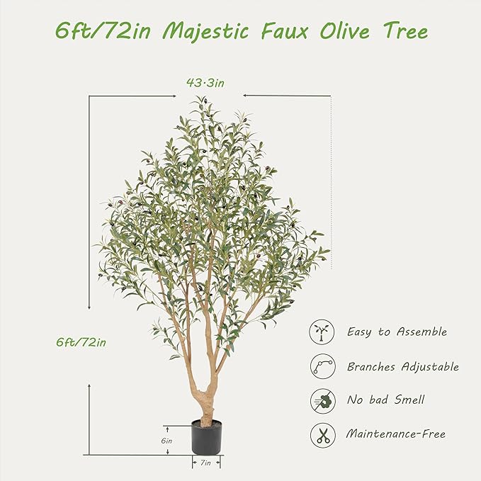 Nafresh Majestic Faux Olive Tree 6ft – Artificial Olive Tree Indoor & Outdoor with Lifelike Leaves & Textured Branches for Living Room, Office, Entryway,Patio