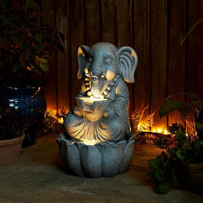 Glitzhome 2-Tiered Zen-Style Concrete Elephant Polyresin Outdoor Fountain with Pump and LED Light, 21.75" H