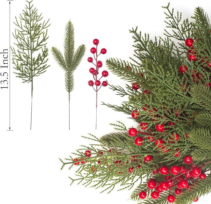 Grunyia 90 PCS Artificial Pine Branches Cedar Stems with Red Holly Berries - Perfect Faux Pine Greenery Stems for Christmas Tree, Wreath & Garland DIY Crafts Holiday Home Decoration