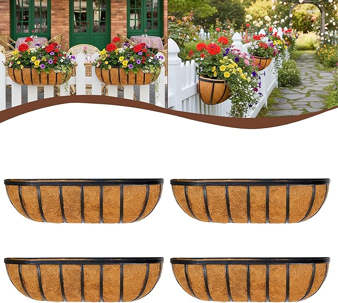 4 Pcs 24“ Railing Planter Window Box Deck Railing Planter Boxes with Coco Liner English Horse Trough Planter Metal Wall-Mounted Planters Basket for Outdoor Balcony Porch Fence Patio Rail