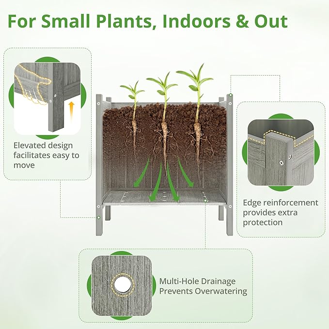 LUE BONA Outdoor Plant Pots, 13.7" x 12.5" x 14.5" Flower Pots with Drainage Holes, Outdoor Planters Boxes for Outdoor Plants - Porch Patio, Garden or Entryway, Light Gray-Oil Printed