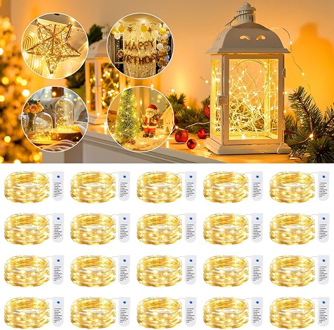 Minetom 20 Pack Fairy Lights Battery Operated String Lights 8 Modes, 7ft 20LED Warm White Waterproof Silver Wire Twinkle Lights, Firefly Starry Moon Lights for Mason Jars DIY Christmas Wedding Party