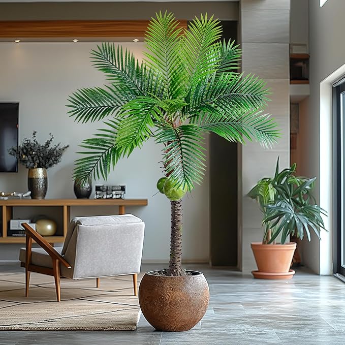 Erimda 30-Year Factory Faux Coconut Tree - 6FT Faux Palm Tree Realistic Thick Trunk & Heavy Duty Leaves, Hand-Carved Bark Texture, Indoor Tropical Decor for Living Room/Store, No Shiny Plastic Look