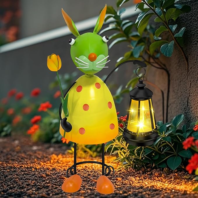 Solar Garden Lights Rabbit Statue with Solar Lantern Lights,13.38 inch Garden Lawn Decoration,Birthday Gifts for Women Grandma,Gardening Gifts Decorative Stakes for Yard,Patio,Porch, Christmas