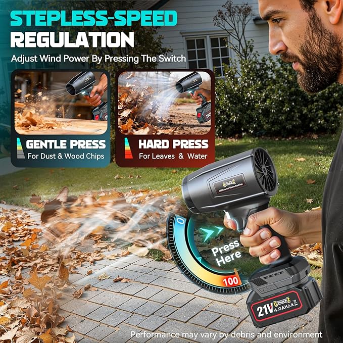 800,000 RPM Cordless Leaf Blower with 2x4.0Ah Batteries, Brushless Motor, Adjustable Speed, Lightweight Portable Electric Blower for Car, Patio, Garden & Indoor Cleaning, 3 Nozzles Included