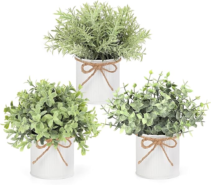 Mkono Fake Plants in Farmhouse Galvanized Metal Pots Table Centerpiece Rustic Home Decor, 3 Pack Potted Artificial Plants Faux Eucalyptus for Shelf Indoor Dining Room Office
