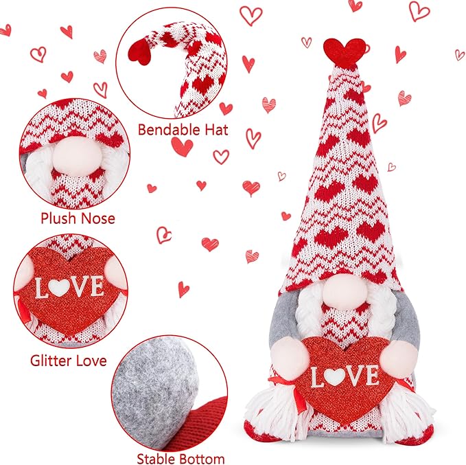 Valentine Day Decorations, 2 Pack Handmade Scandinavian Tomte Gnomes, Valentines Gnome Doll Tiered Tray Decorations, Plush Love Crafts Decor, Romantic Sweet Doll for Him Her Friends