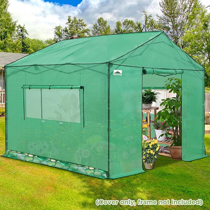 EAGLE PEAK Replacement Cover for 10x10 Gable Roof Pop up Greenhouse, Front and Rear Roll-Up Zipper Entry Doors and 2 Large Roll-Up Side Windows (Frame Not Included), Green