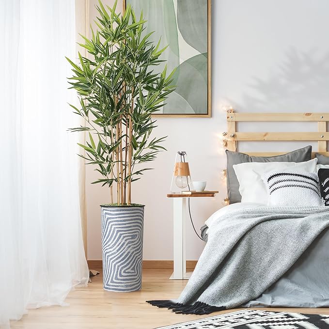 Artificial Tree in Contemporary Geometric Pattern Planter, Fake Bamboo Silk TRE for Indoor and Outdoor Home Decoration - 70" Overall Tall (Plant Pot Plus Tree)
