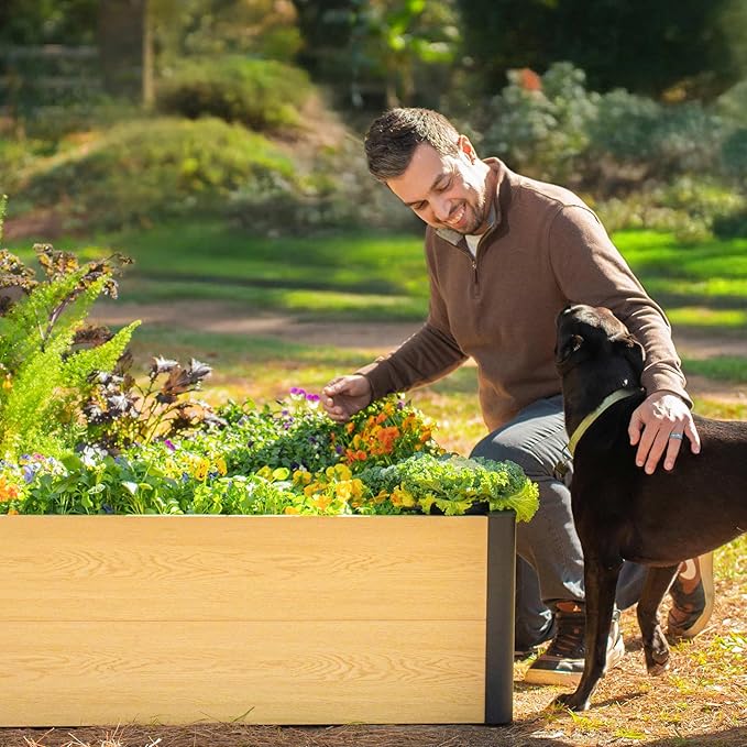 Vego garden Woodgrain Series Raised Garden Bed, 16'' Tall 4' x 8' Wooden-Look Metal Planter Box Outdoor for Gardening Vegetables, Flowers, Herbs