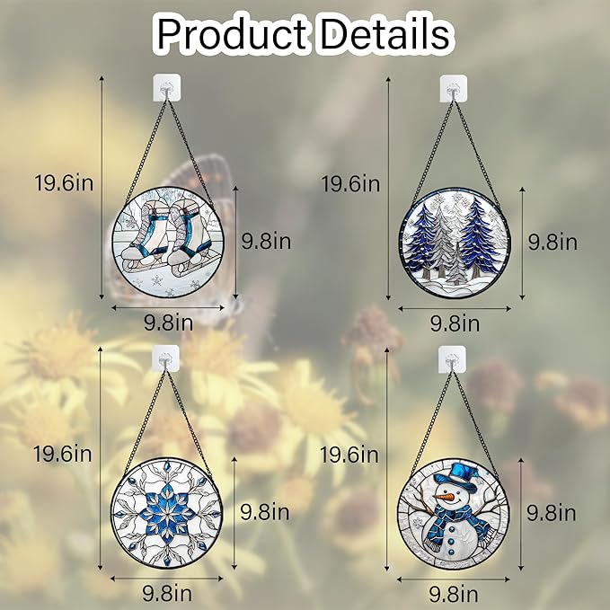DASTOLL Stained Glass Window Hanging 4 Pcs Set White Winter Christmas Snow Scene 9.8" - Suncatcher Door Garden Sun Catcher Decor Birthday for Mom Woman Nana Men Friend Wife