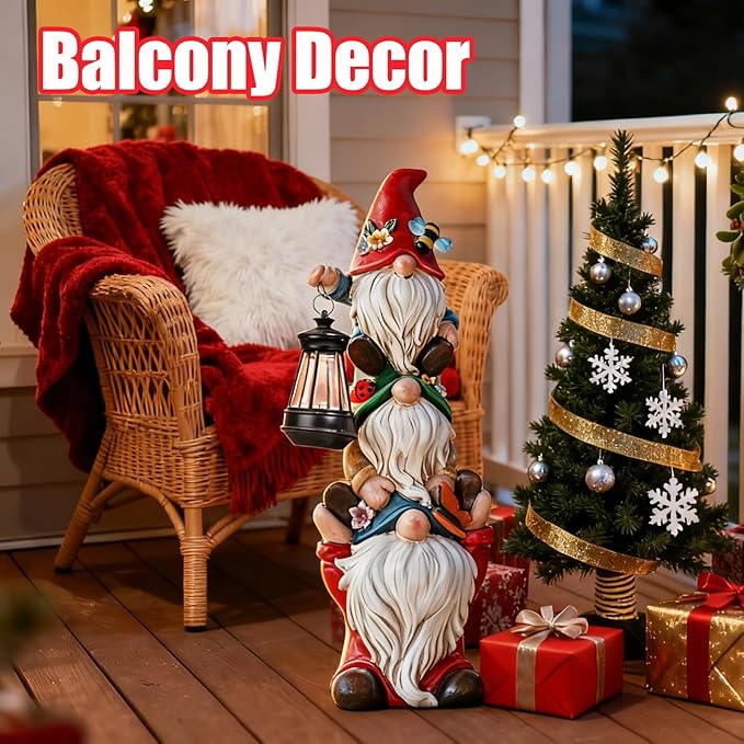 twinbling 17 in Large Garden Gnome Statue with Solar Lights Sculptures Funny Triple Big Gnome Outdoor Patio Lawn Yard Balcony Garden Home Decor Gifts for Women Mom