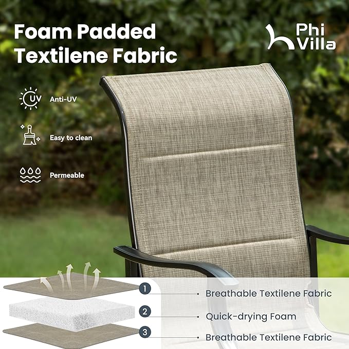 PHI VILLA Outdoor Dining Chairs Set of 6, High Back Textilene Fabric Padded Armchairs with E-Coated Steel Frame for Patio, Porch, Deck, Yard