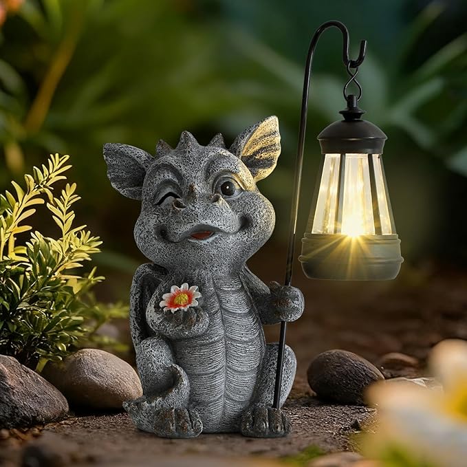 Ploxoiven Garden Figurines Dragon Statue Decorations - Solar ResinDragon with Solar Garden Lights Outdoor Decorations for Patio,Yard,Lawn,