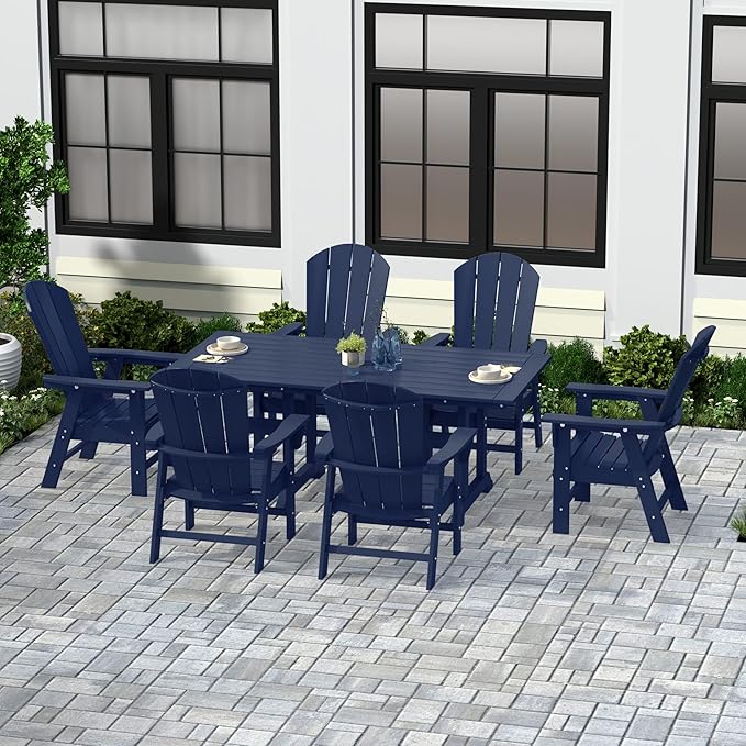 WestinTrends Malibu 7 Piece Adirondack Outdoor Dining Set, All Weather Poly Lumber Patio Table and Chairs Furniture Set, 71" Trestle Dining Table and 6 Adirondack Dining Chair, Navy Blue