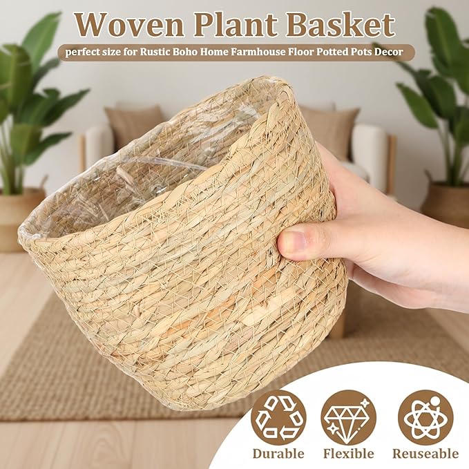 12 Pcs Seagrass Plant Basket with Plastic Liners Woven Stylish Planter Baskets Bulk Indoor Outdoor Plants Woven Wicker Baskets for Flower Pots Cover and Room Decor Small (Small,Rustic)