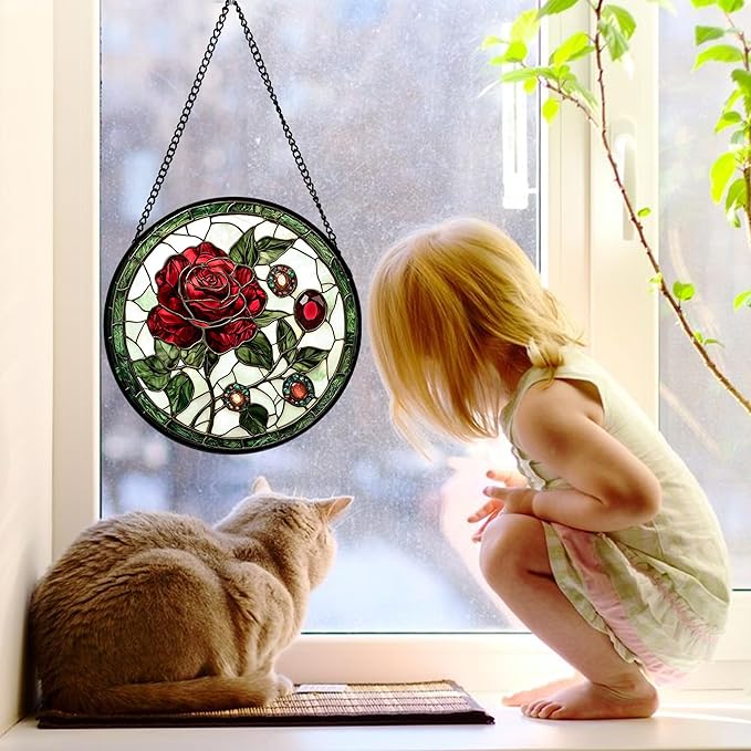 DASTOLL Stained Glass Window Hanging, Red Rose Gemstone Green Sun Catchers Diamond Glass Panel Hangings Suncatcher Decor for Birthday for Women, Men, Wife, Aunt, and Mom 9.8 in