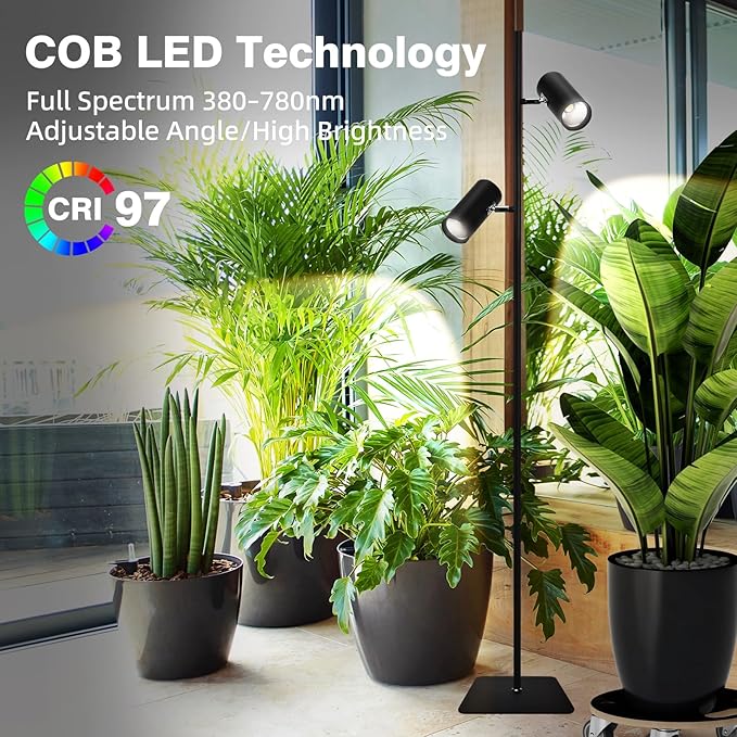 60W Dimmable Grow Light, Full Spectrum COB LED Dual-Head Floor Lamp with High PPFD&CRI, 6/8/12H Timer, Adjustable Height (37"-77") & Angle – Standing Grow Lights for Indoor Plants (4000K Warm White)