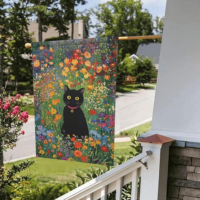 Cat With Flower Garden Flag 12x18 Inch Double Sided All-Weather Polyester Outdoor Flag For Patio Lawn Yard And Garden Welcome Decor