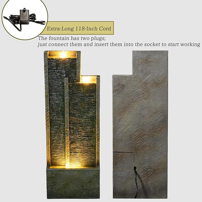 35.4" H Modern Indoor Outdoor Waterfall Fountain with Gentle Sound, Resin Garden Water Fountain Outdoor with Lights, Black Stream Panel Floor-Standing Garden Feature for Patio, Balcony, or Home Decor