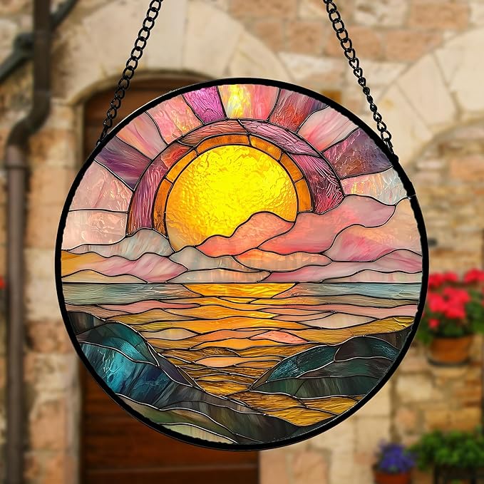 DASTOLL Stained Glass Window Hanging, Sunrise Over The Sea Suncatcher Diamond Glass Panel Hangings Abstract Sun Catchers Decor for Birthday for Women, Men, Wife, Aunt, and Mom 7.8 in
