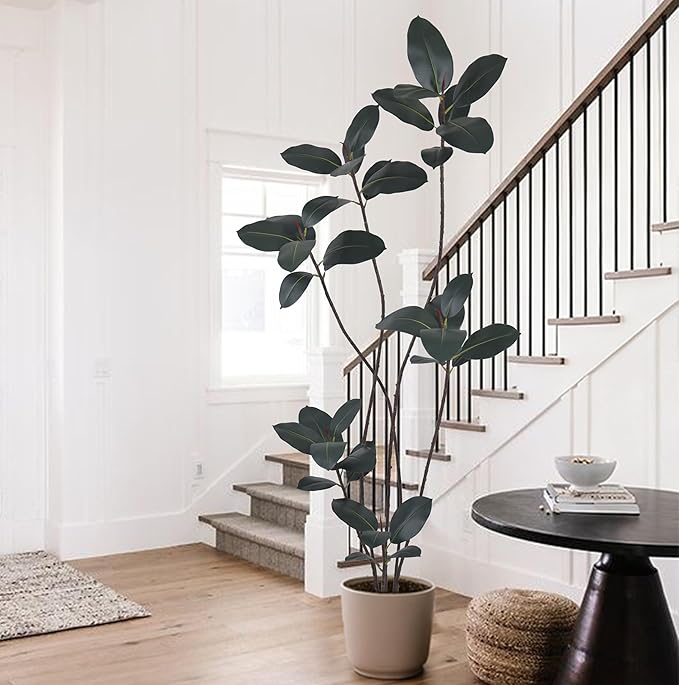 Artificial Rubber Tree 7FT with 40 Glossy Leaves & 6 Heads & Black Pot Realistic Tall Large Faux Tropical Lifelike Ficus Elastica Plant 84 Inch for Indoor Home Office Corner Modern Decor