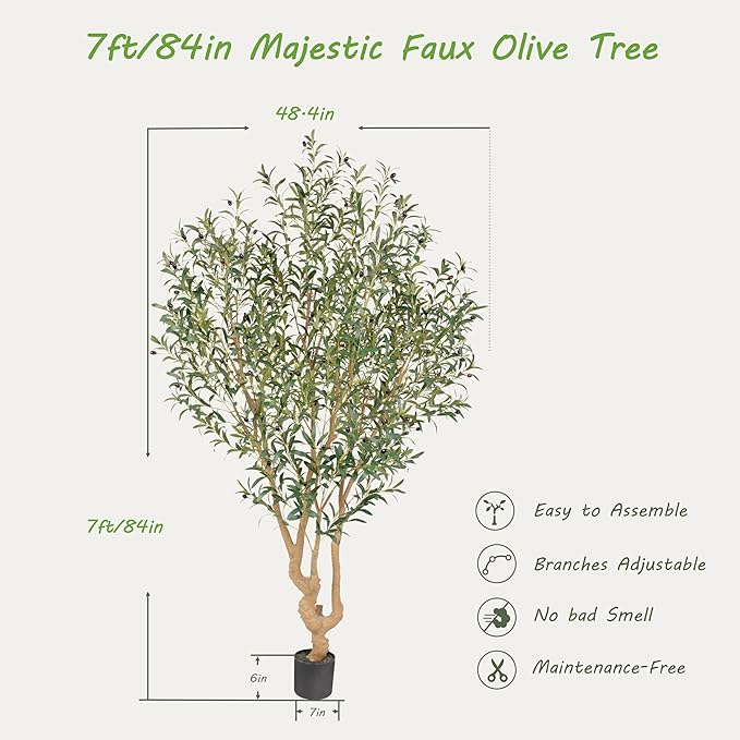 Nafresh Majestic Faux Olive Tree 7 feet – Artificial Olive Tree Indoor & Outdoor with Lifelike Leaves & Textured Branches for Living Room, Office, Entryway,Patio