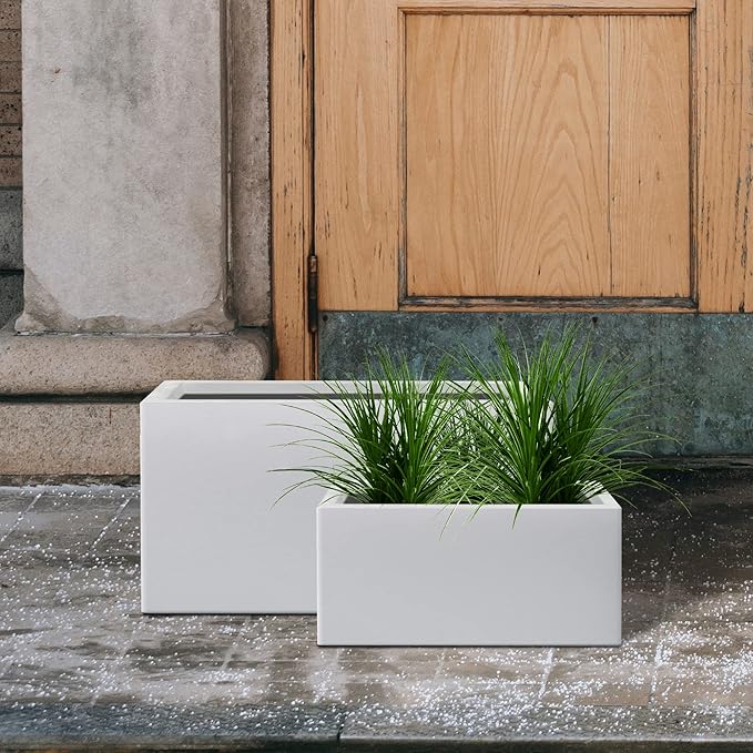 Kante 31.4" and 23.6" L Rectangular Concrete Planters (Set of 2), Outdoor Indoor Modern Plant Pot with Drainage Hole and Rubber Plug for Garden, Patio, Pure White Finish