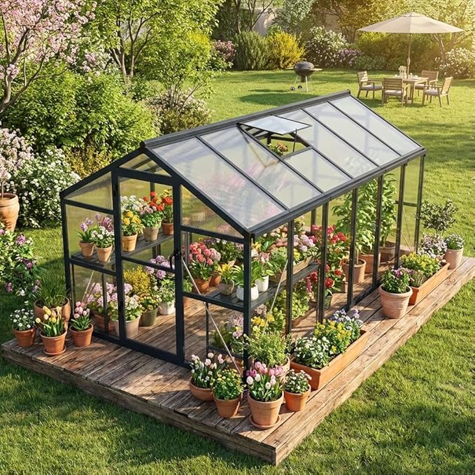 8x12 FT Greenhouse, Polycarbonate Walk-in Greenhouse for Outdoors with Roof Vent & Lockable Outward-Opening Swing Door, Heavy-Duty Aluminum Green House for Garden, Backyard, Patio, Lawn, Dark Grey