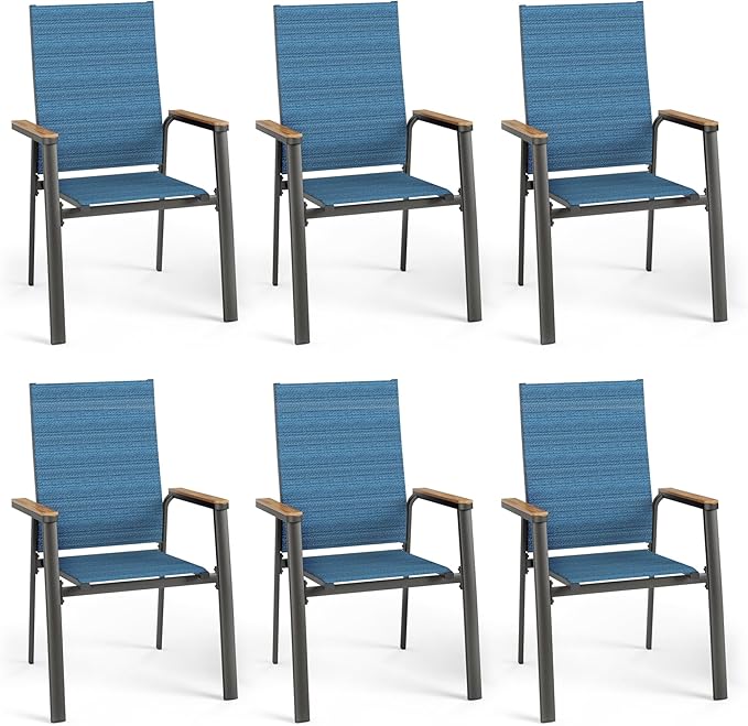 PHI VILLA Outdoor Stackable Chairs, Patio Chairs Set of 6, Light Weight Aluminum Frame with Textilene Fabric & Wood Armrest, High Back Deck Chairs for Poolside Lawn Garden, Blue