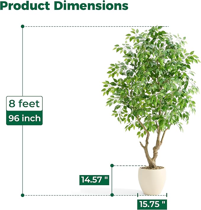 8 FT Large Luxury Artificial Ficus Tree, Tall Faux Banyan Tree with Planter, Extra Lush Stereoscopic Shape, 5 Minutes Easy Set-up, Realistic Tree Trunk & Lifelike Leaves, Home Office Décor