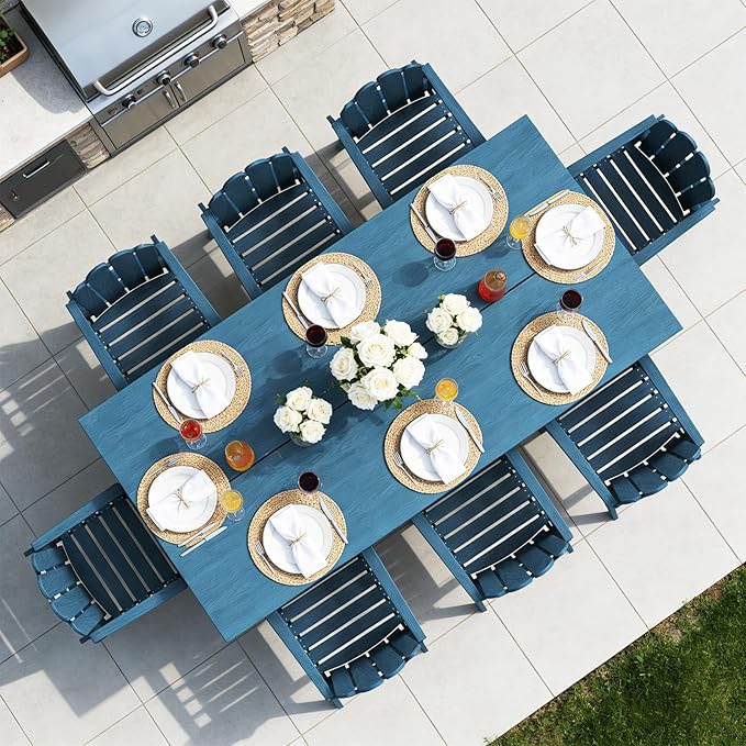 9-Piece Patio Dining Set for 8, Large HDPE All-Weather Outdoor Furniture with Umbrella Hole Table, 89.76” Oversized Table, 8 Armchairs, Navy