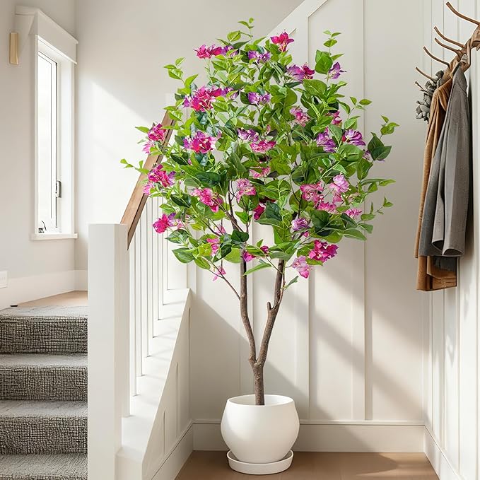 5FT Artificial Bougainvillea Tree Artificial Tree Tall Potted Fake Bougainvillea Trees for Outdoor Indoor Lifelike Potted Faux Plants with Wood Trunk and Flowers Office Wedding Home Decor